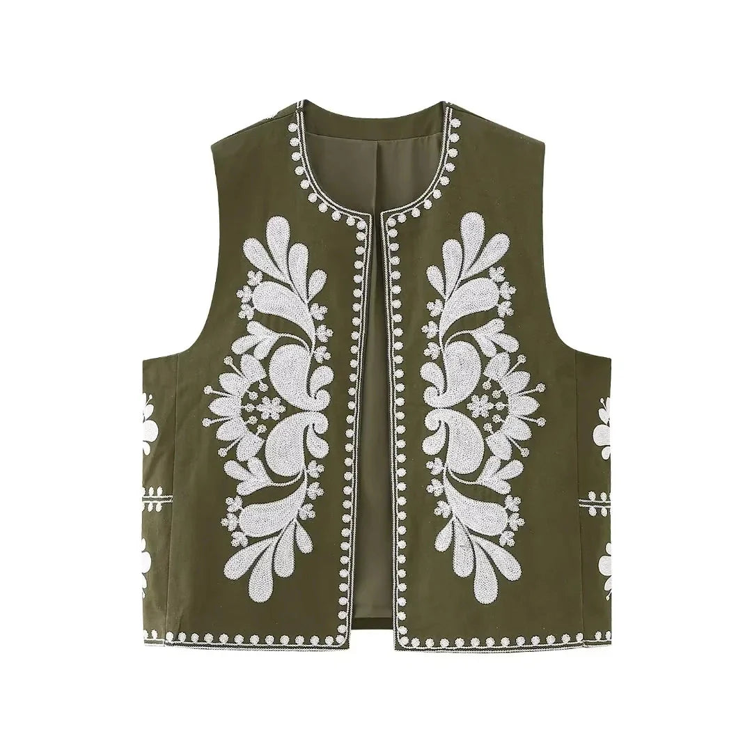 Women's Embroidered Sleeveless Vest with Floral Detailing