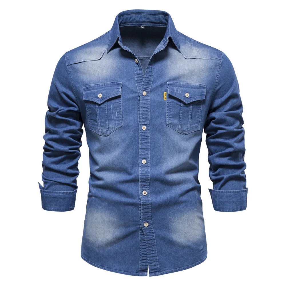 Men's Long-Sleeve Button-Front Shirt with Classic Chest Pocket