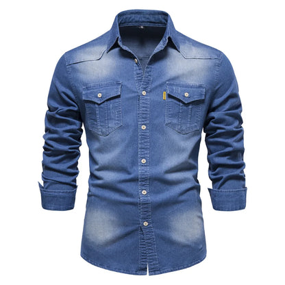 Men's Long-Sleeve Button-Front Shirt with Classic Chest Pocket