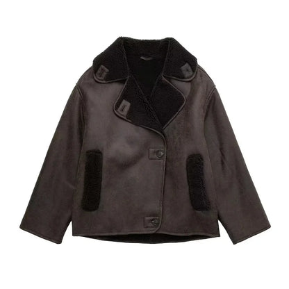 Women's Leather Winter Jacket with Plush Lining and Wide Collar