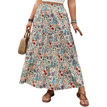 Women's Floral Print Maxi Skirt with Elastic Waist and Tiered Hem
