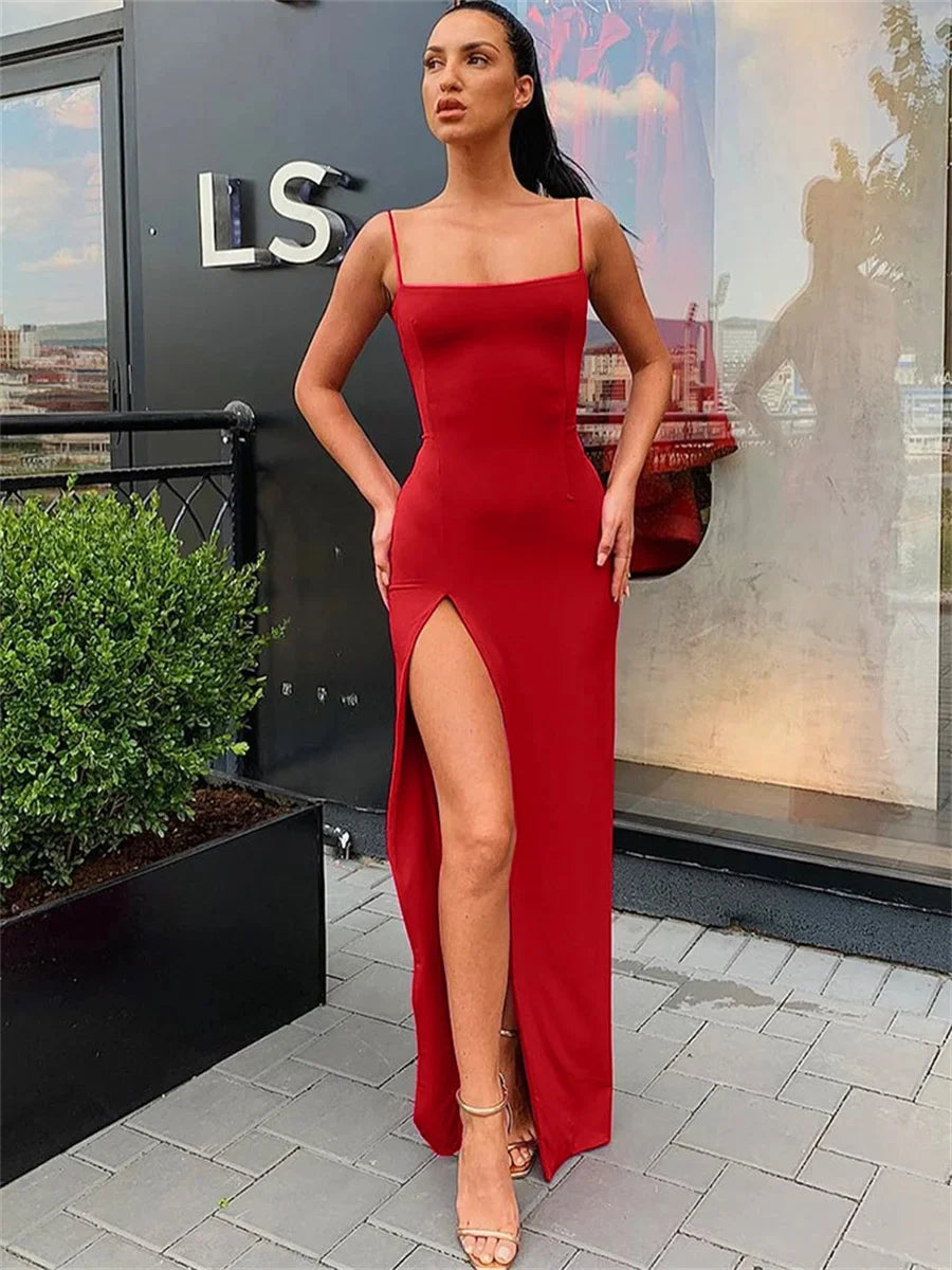Women's Spaghetti Strap Bodycon Maxi Dress with Side Slit