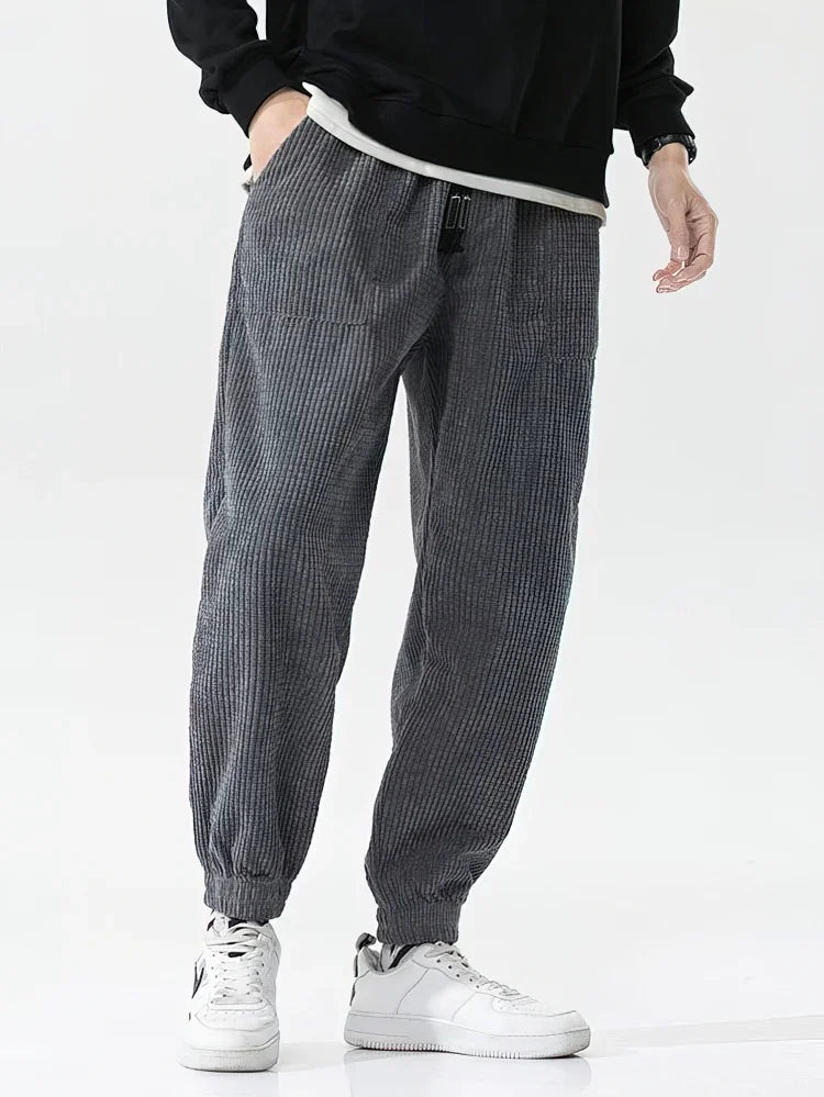 Men's Baggy Corduroy Trousers Casual Joggers with Drawstring Waist
