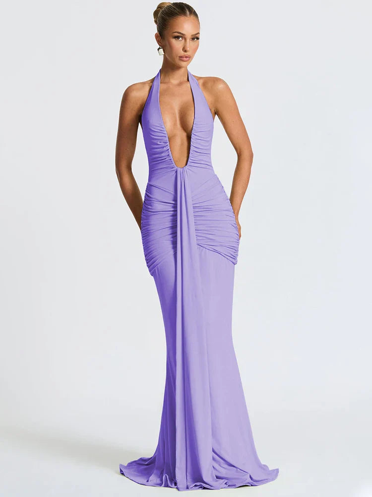 Women's Halter Maxi Dress with Deep V Neck and Draped Ruched Waist
