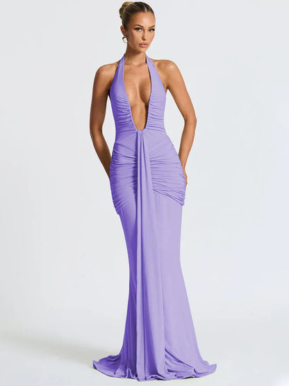 Women's Halter Maxi Dress with Deep V Neck and Draped Ruched Waist