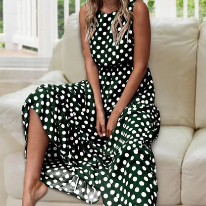 Women's Sleeveless Polka Dot Maxi Dress with Relaxed Fit