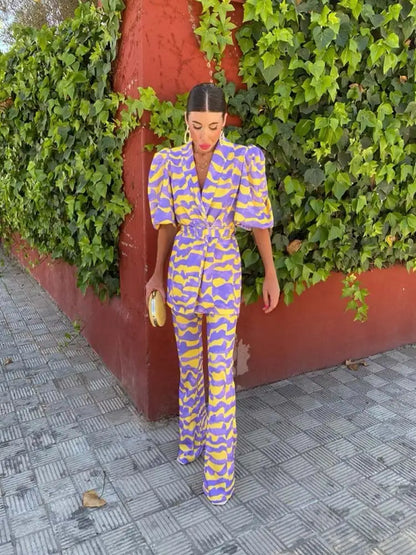 Women's Two-Piece Set with Belted Blazer and Wide-Leg Trousers