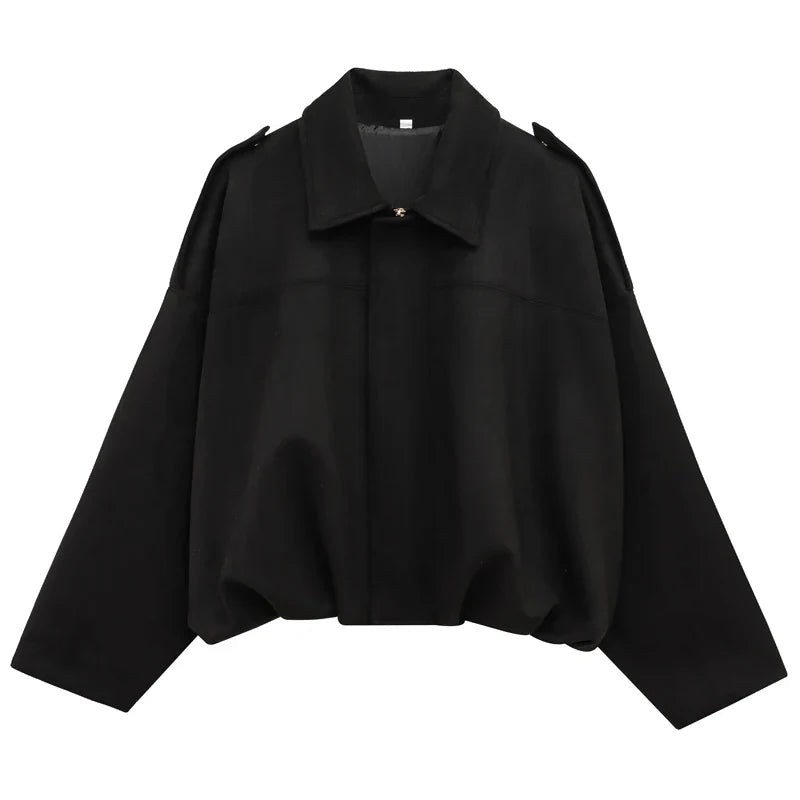 Women's Cropped Bomber Jacket with Lapel Collar and Zip Front