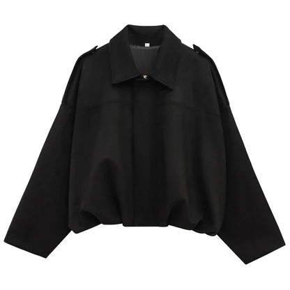 Women's Cropped Bomber Jacket with Lapel Collar and Zip Front