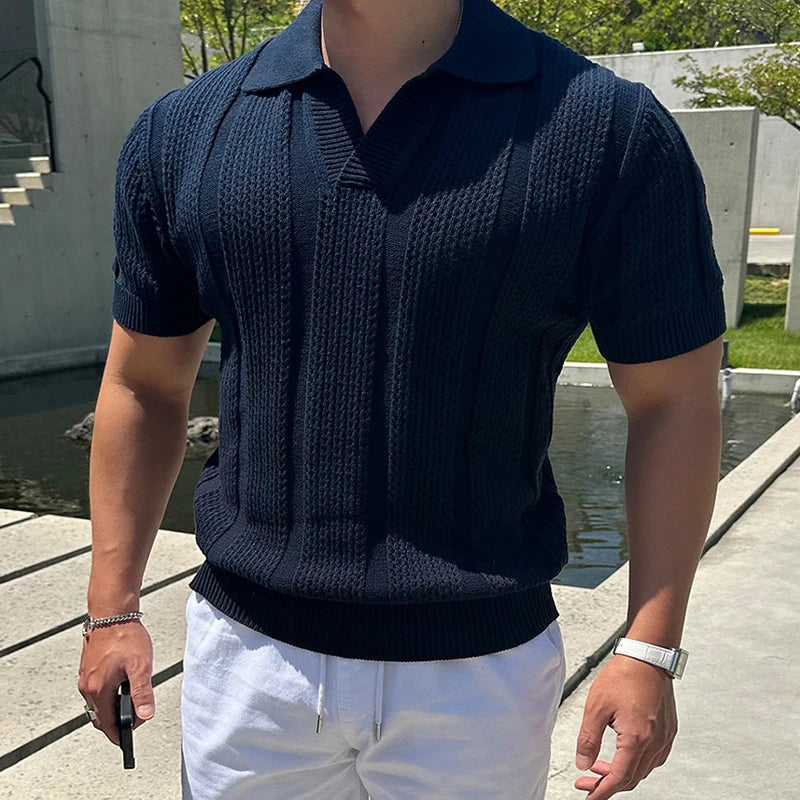 Men's Knitted Mesh Short Sleeve Polo Shirt with Vintage Lapel Design