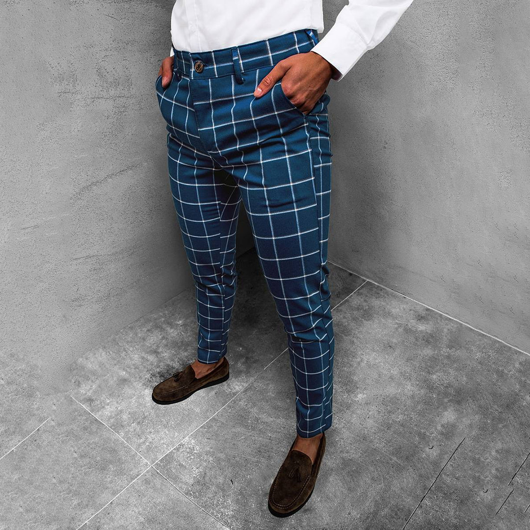 Men's Checkered Work Trousers Slim Fit Patterned Straight Leg Style