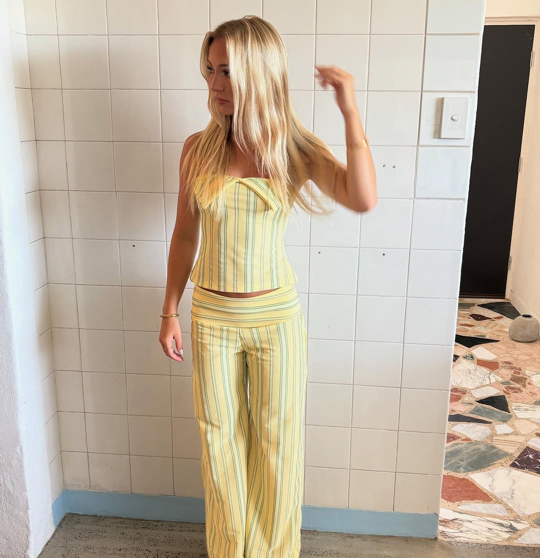 Women's Strapless Striped Two-Piece Set with Wide-Leg Pants