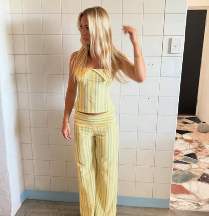 Women's Strapless Striped Two-Piece Set with Wide-Leg Pants