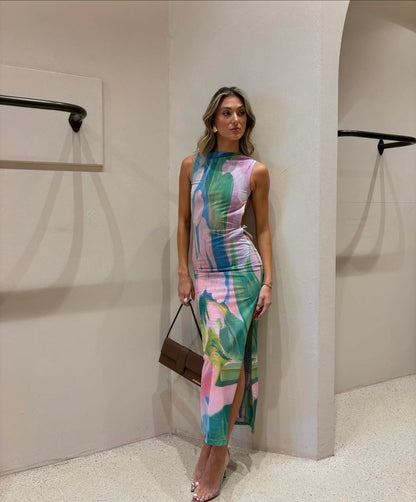 Women's Sleeveless Maxi Dress with Abstract Print and High Neckline