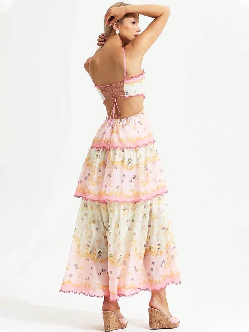 Women's Tiered Maxi Dress with Spaghetti Straps and Floral Print