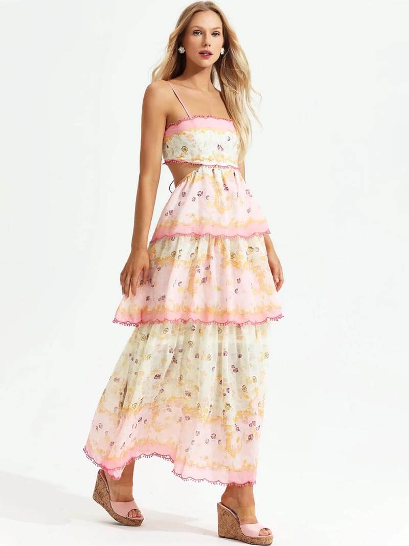 Women's Tiered Maxi Dress with Spaghetti Straps and Floral Print