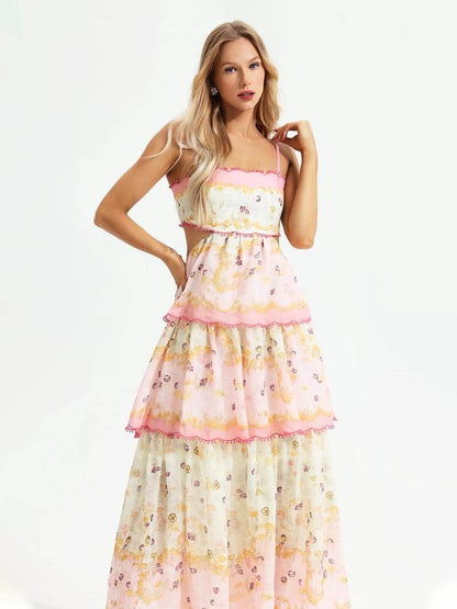 Women's Tiered Maxi Dress with Spaghetti Straps and Floral Print