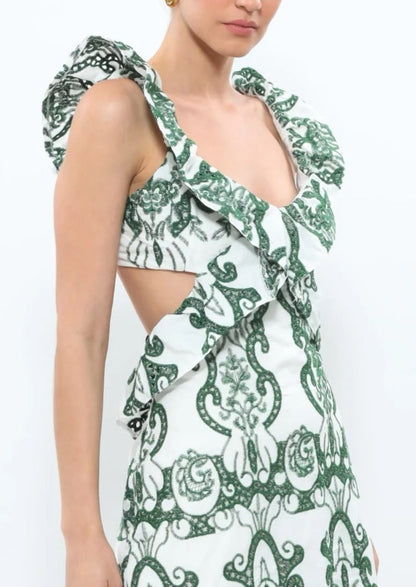 Women's Ruffled Backless Maxi Dress with Vintage-Inspired Print