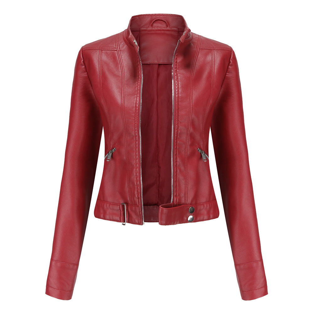 Women's Leather Jacket with Zip Closure High Collar and Belt