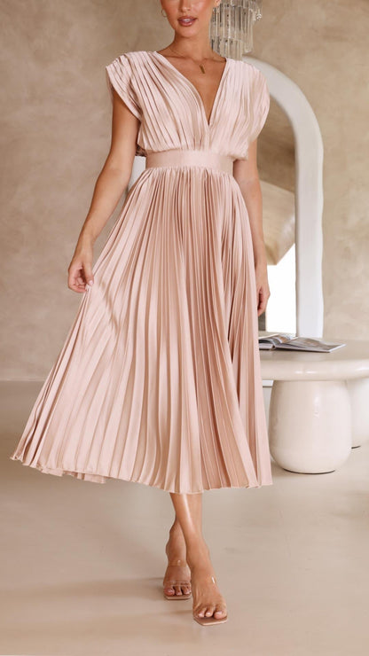 Women's Pleated V-Neck Maxi Dress