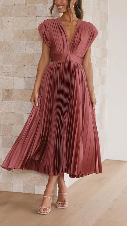 Women's Pleated V-Neck Maxi Dress