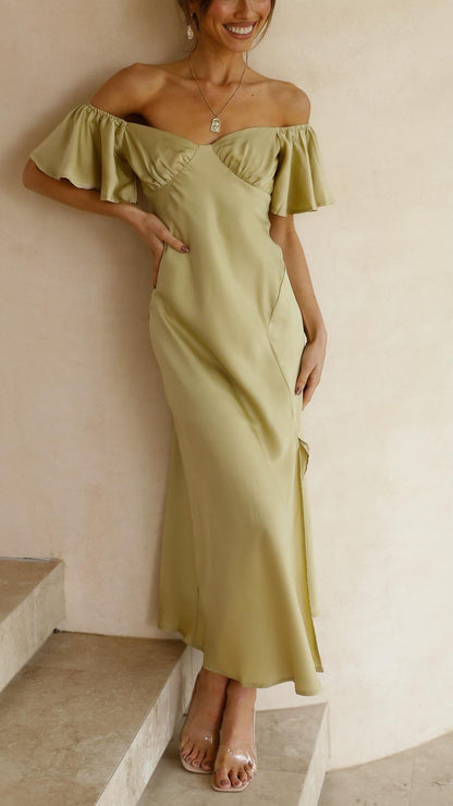 Women's Off-Shoulder Maxi Dress with Ruched Bust and Side Slit