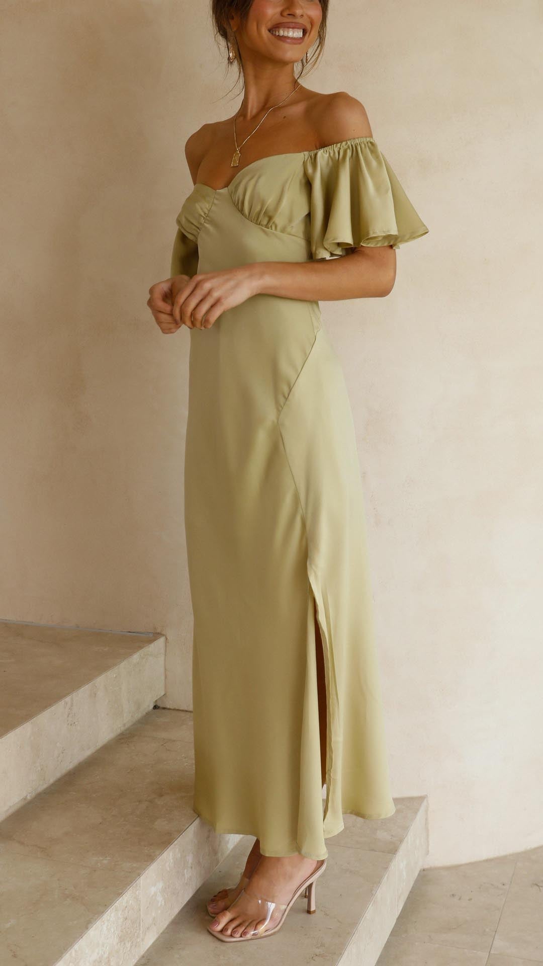 Women's Off-Shoulder Maxi Dress with Ruched Bust and Side Slit