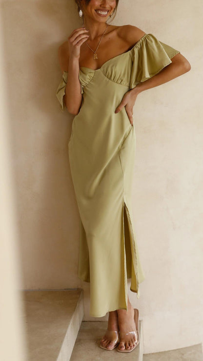 Women's Off-Shoulder Maxi Dress with Ruched Bust and Side Slit