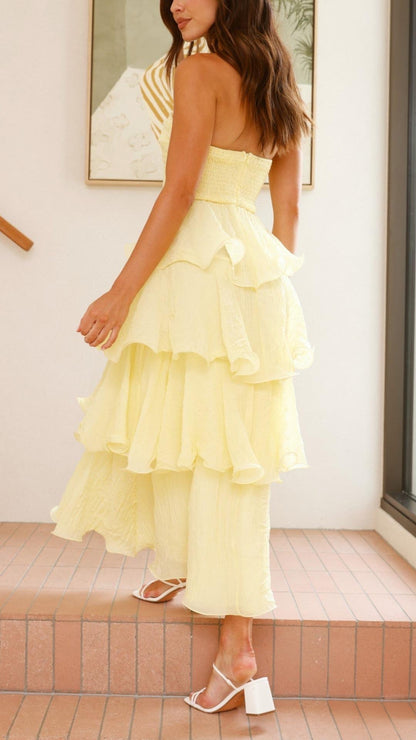 Women's Strapless Ruffle Tiered Maxi Dress with Flowy Silhouette