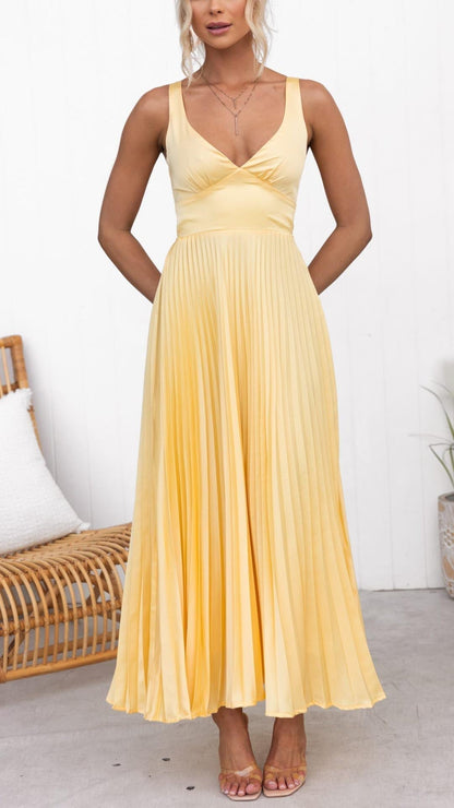 Women's Pleated A-Line Maxi Dress with Surplice Neckline Sleeveless