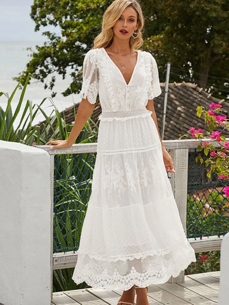 Women's Lace Detail V-Neck Maxi Dress with Short Sleeves