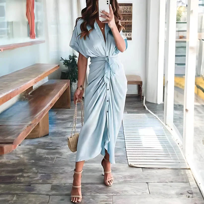 Women's Ruched Shirt Maxi Dress with Tie Waist and Button Front