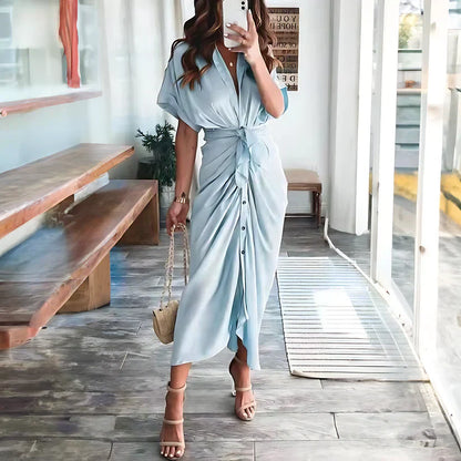 Women's Ruched Shirt Maxi Dress with Tie Waist and Button Front