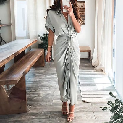 Women's Ruched Shirt Maxi Dress with Tie Waist and Button Front