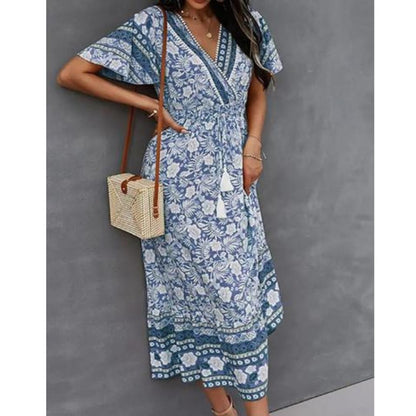 Women's Floral Maxi Dress with Pockets and Tassel Waist Tie