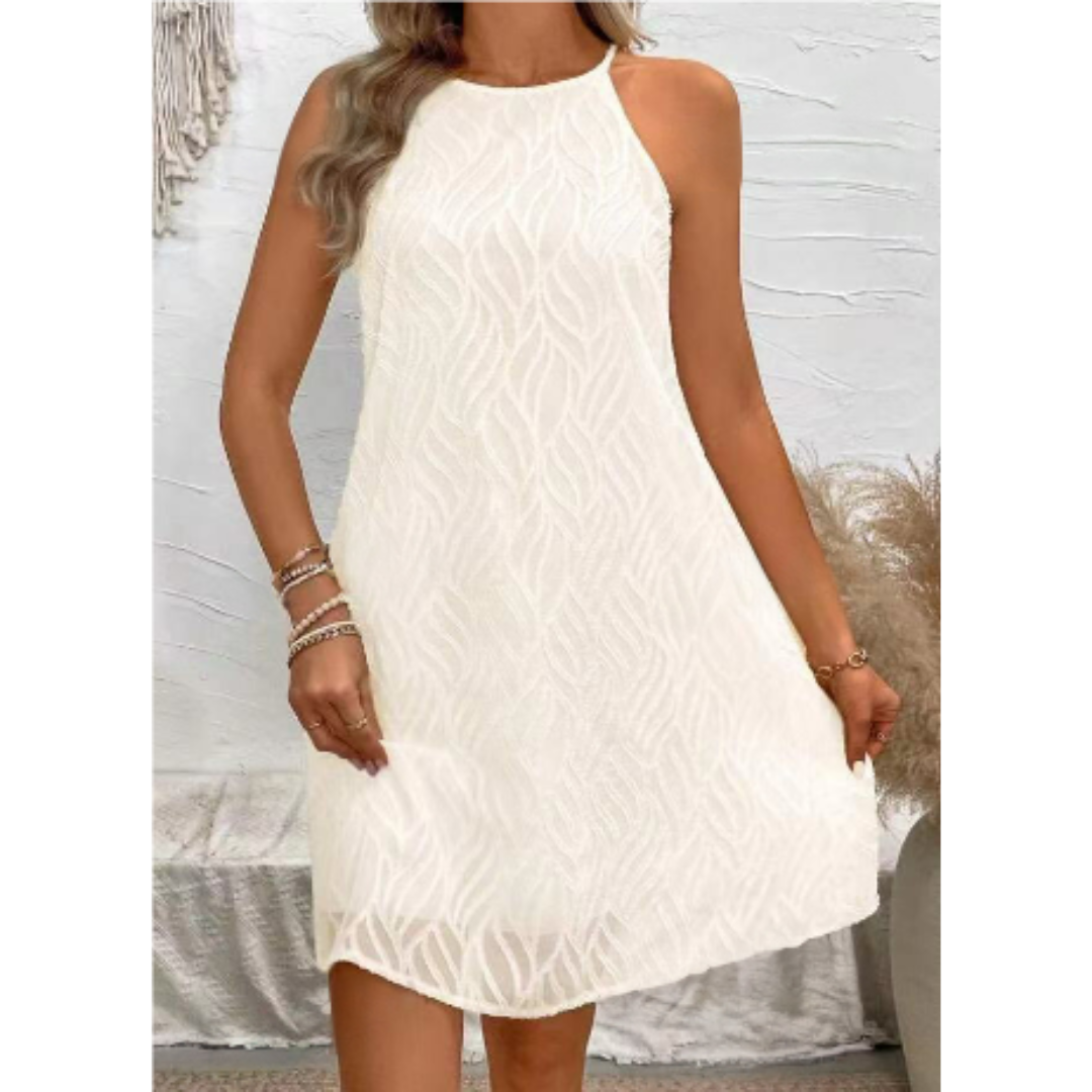 Women's Textured Sleeveless Mini Dress with High Neck A-Line Fit