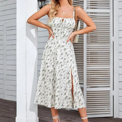 Women's Floral Midi Dress with Sweetheart Neck and Front Slit