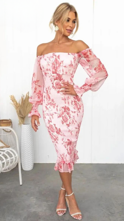 Women's Off-Shoulder Floral Bodycon Midi Dress with Puff Sleeves