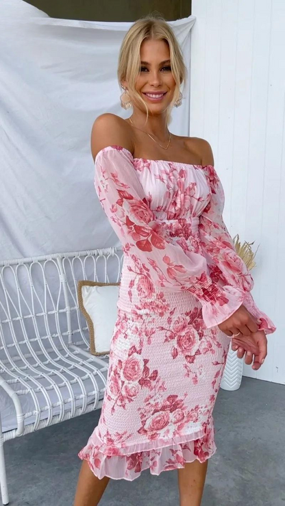 Women's Off-Shoulder Floral Bodycon Midi Dress with Puff Sleeves
