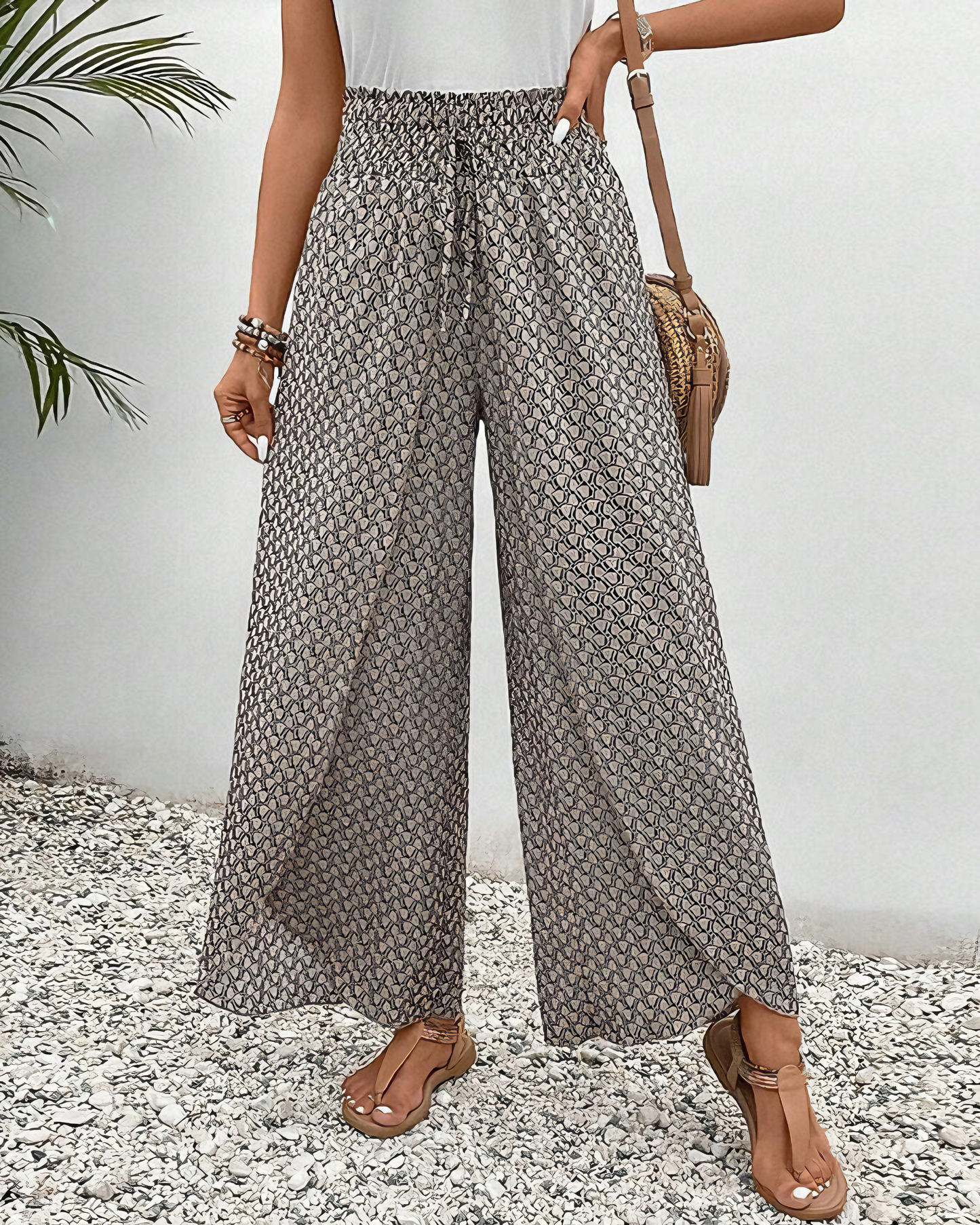 Women's Wide-Leg Patterned Pants with Elastic Waist