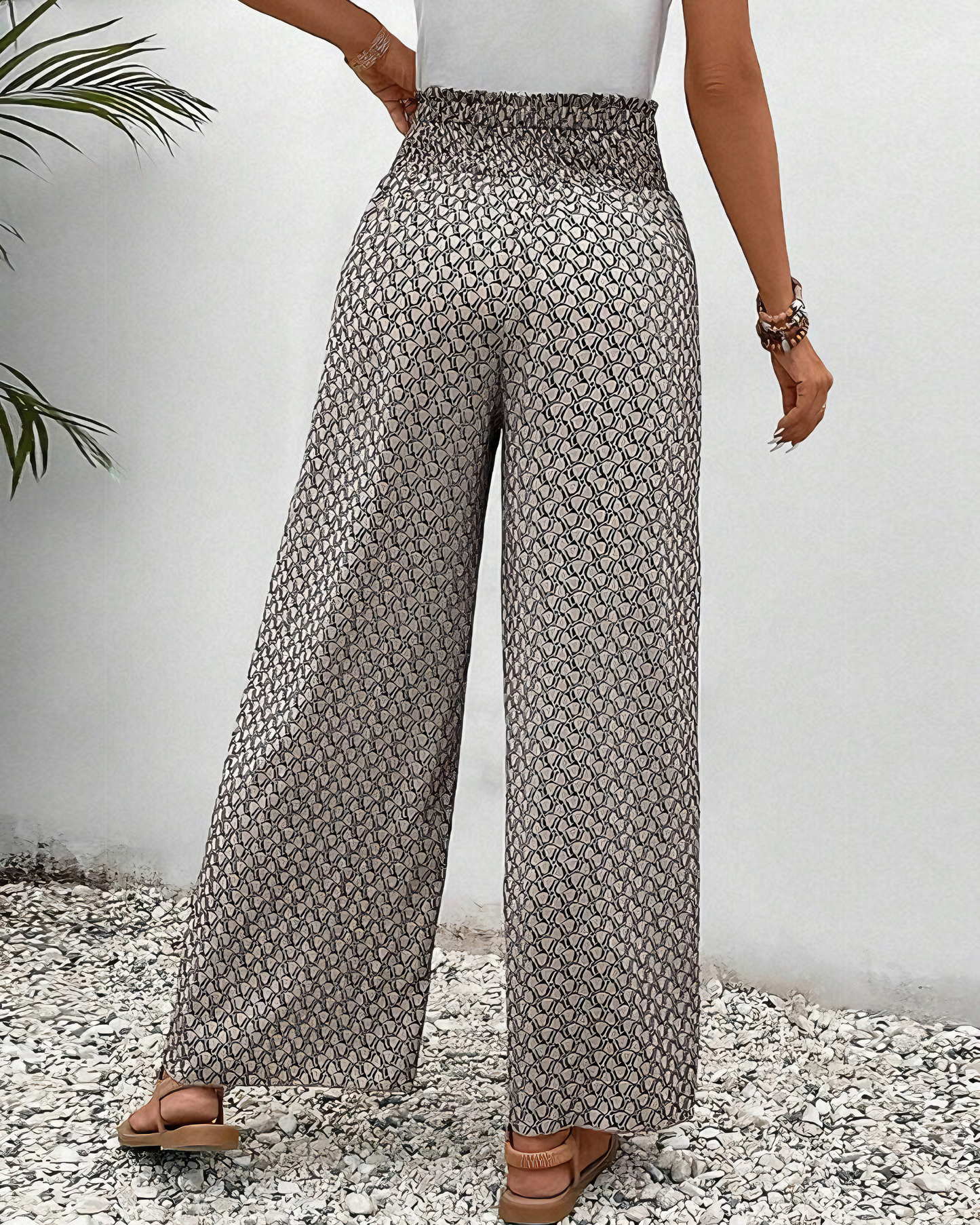 Women's Wide-Leg Patterned Pants with Elastic Waist