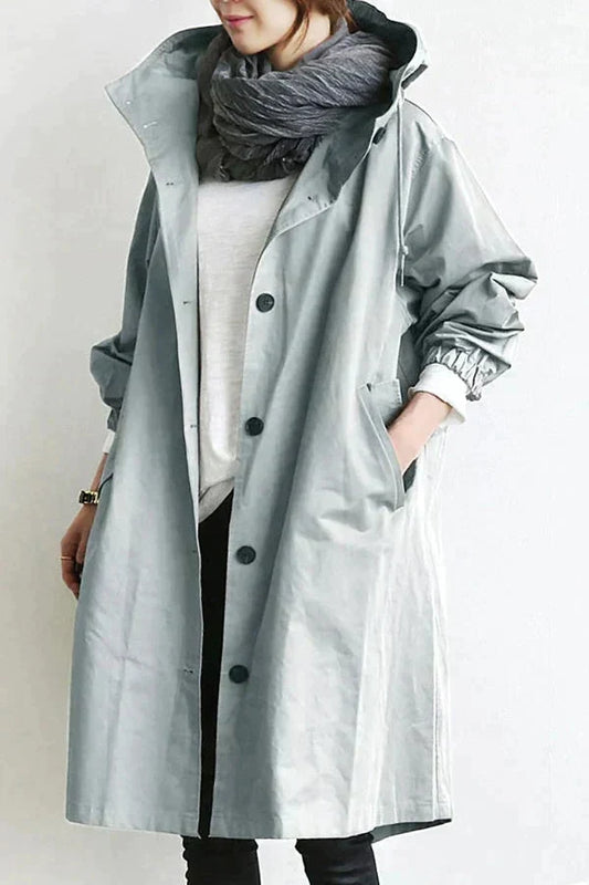 Women's Oversized Rain Jacket with Hood Button Front and Pockets
