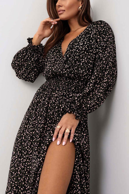 Women's V-Neck Floral Maxi Dress with Puff Sleeves and Side Slit