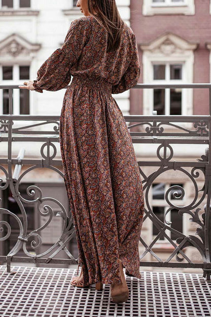 Women's V-Neck Floral Maxi Dress with Puff Sleeves and Side Slit