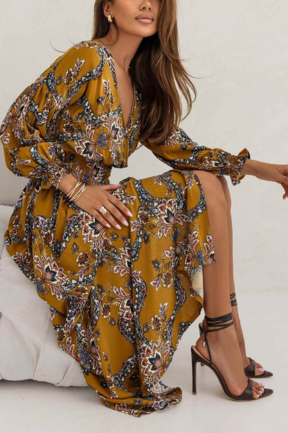 Women's V-Neck Floral Maxi Dress with Puff Sleeves and Side Slit