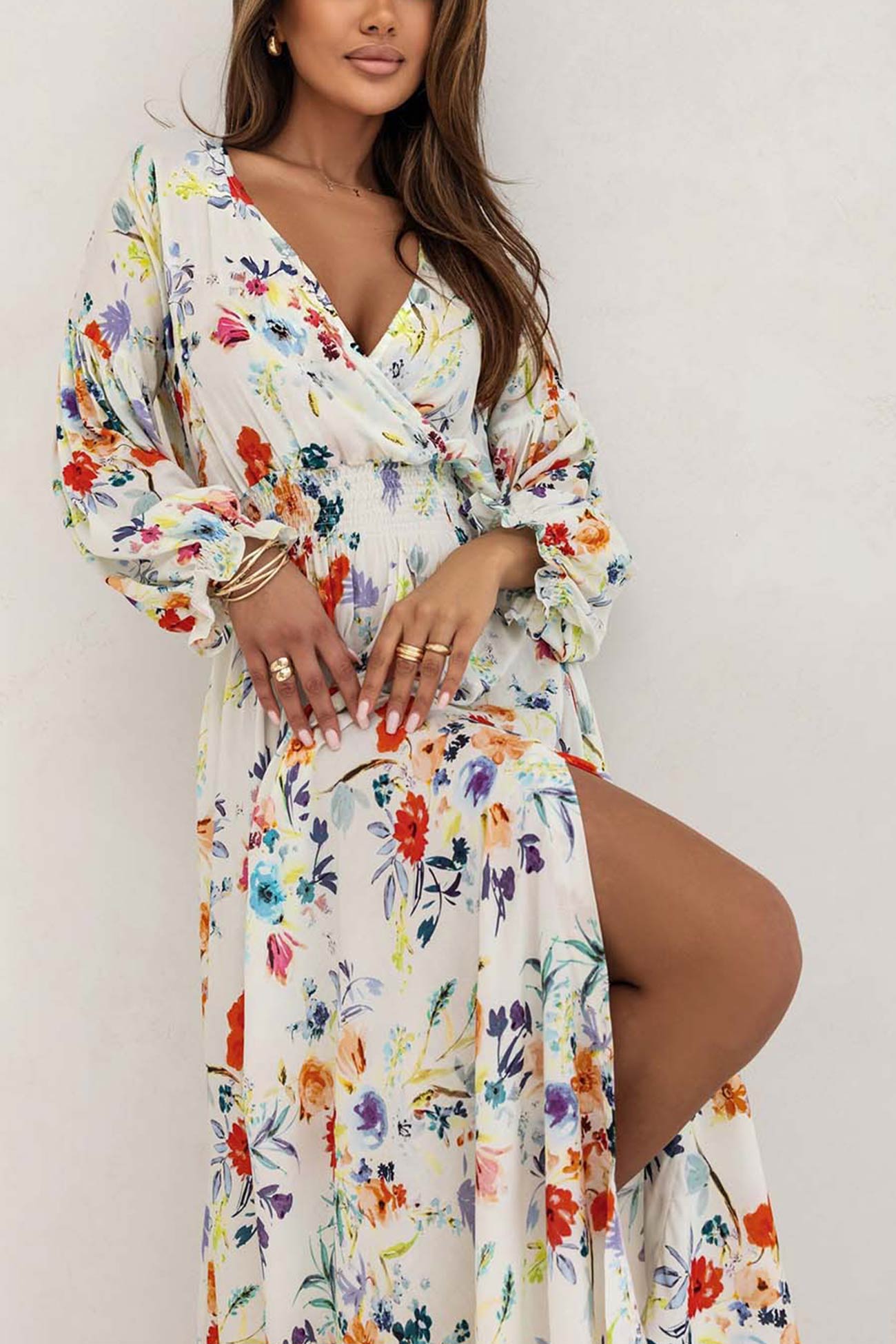 Women's V-Neck Floral Maxi Dress with Puff Sleeves and Side Slit