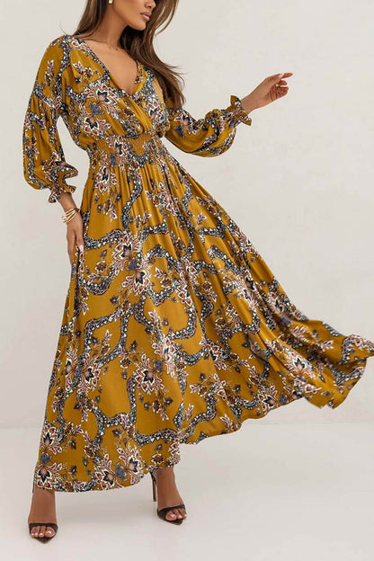 Women's V-Neck Floral Maxi Dress with Puff Sleeves and Side Slit