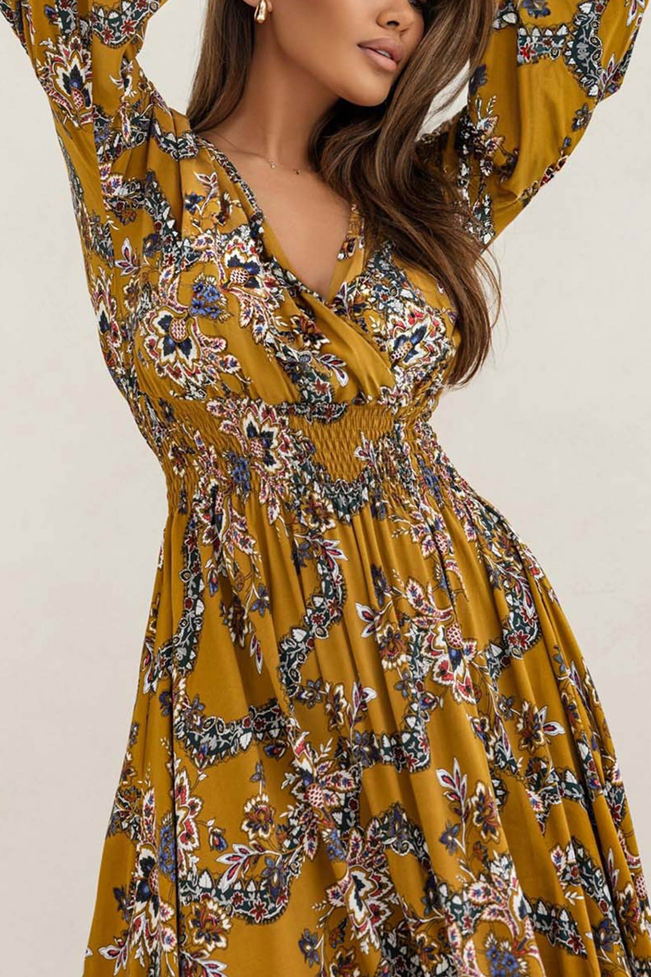 Women's V-Neck Floral Maxi Dress with Puff Sleeves and Side Slit