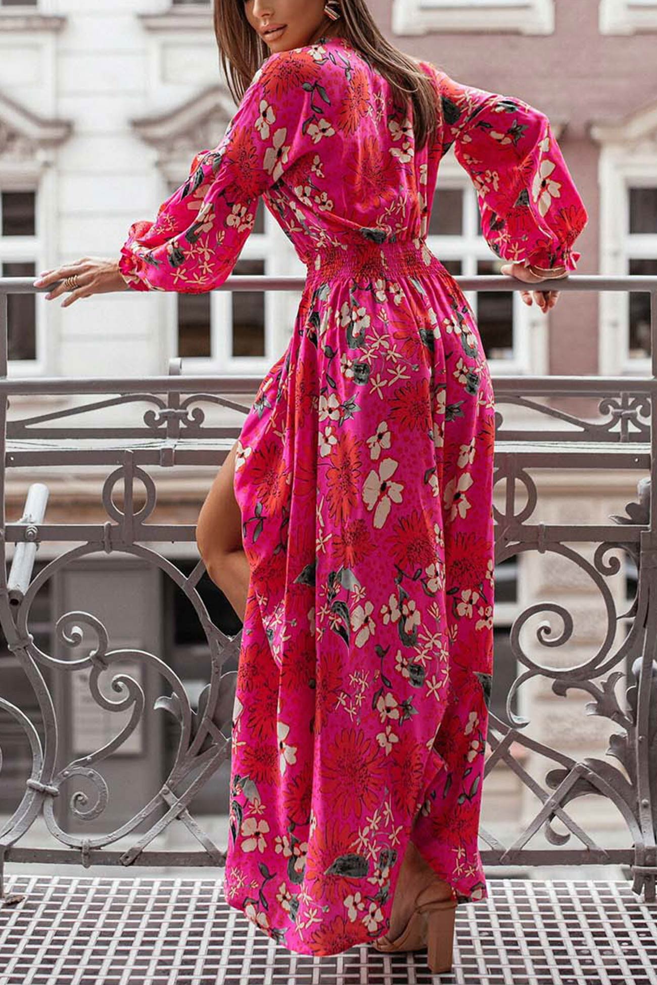 Women's V-Neck Floral Maxi Dress with Puff Sleeves and Side Slit