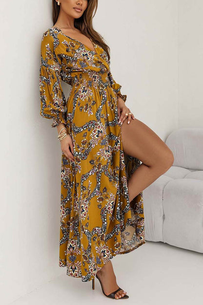 Women's V-Neck Floral Maxi Dress with Puff Sleeves and Side Slit
